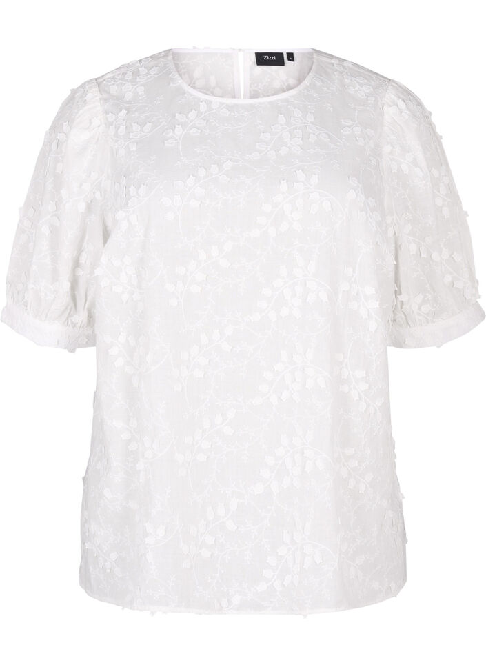 Short-sleeved blouse with embroidery and a round neck, White, Packshot image number 0