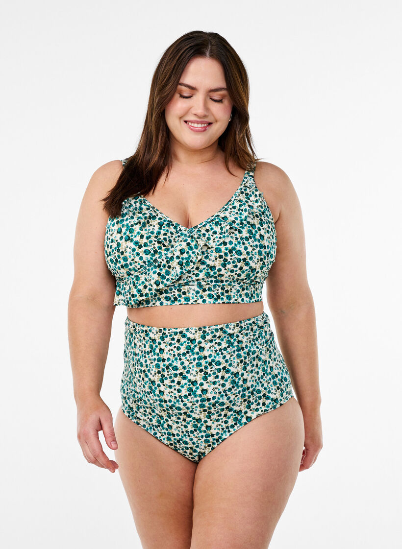 Floral bikini top with ruffle details, Green, Model image number 1