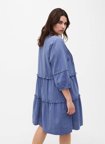 3/4 sleeve cotton dress with ruffles, Moonlight Blue, Model image number 1