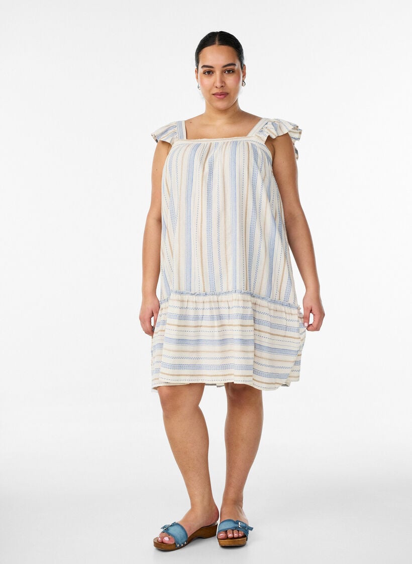 Sleeveless summer dress with a woven pattern, Vanilla, Model image number 1