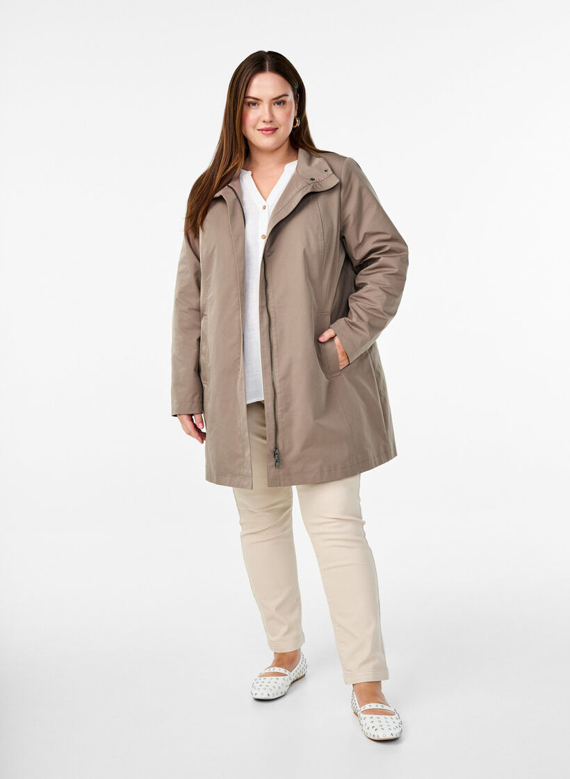 Jacket with pockets and high collar, Brown, Model image number 1