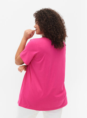 Cotton t-shirt with v-neck and print, Fuchsia Purple Love, Model image number 1