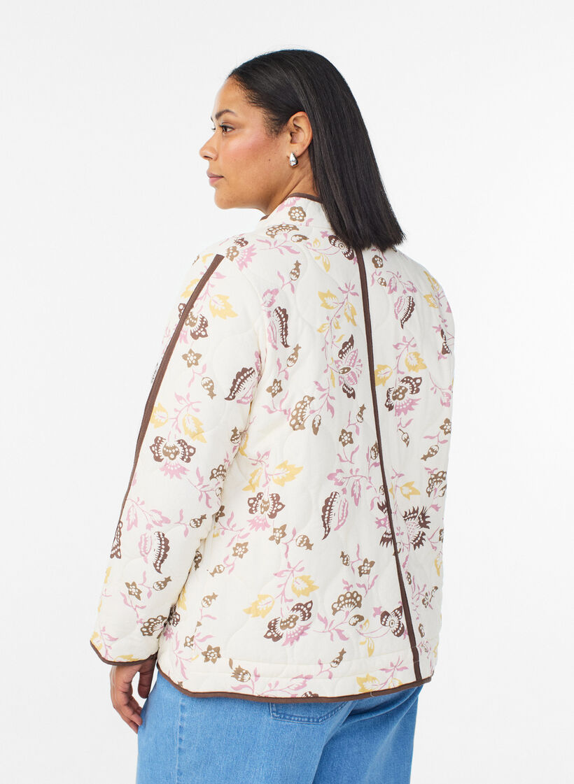 Quilted jacket with buttons and floral print, Beige, Model image number 2