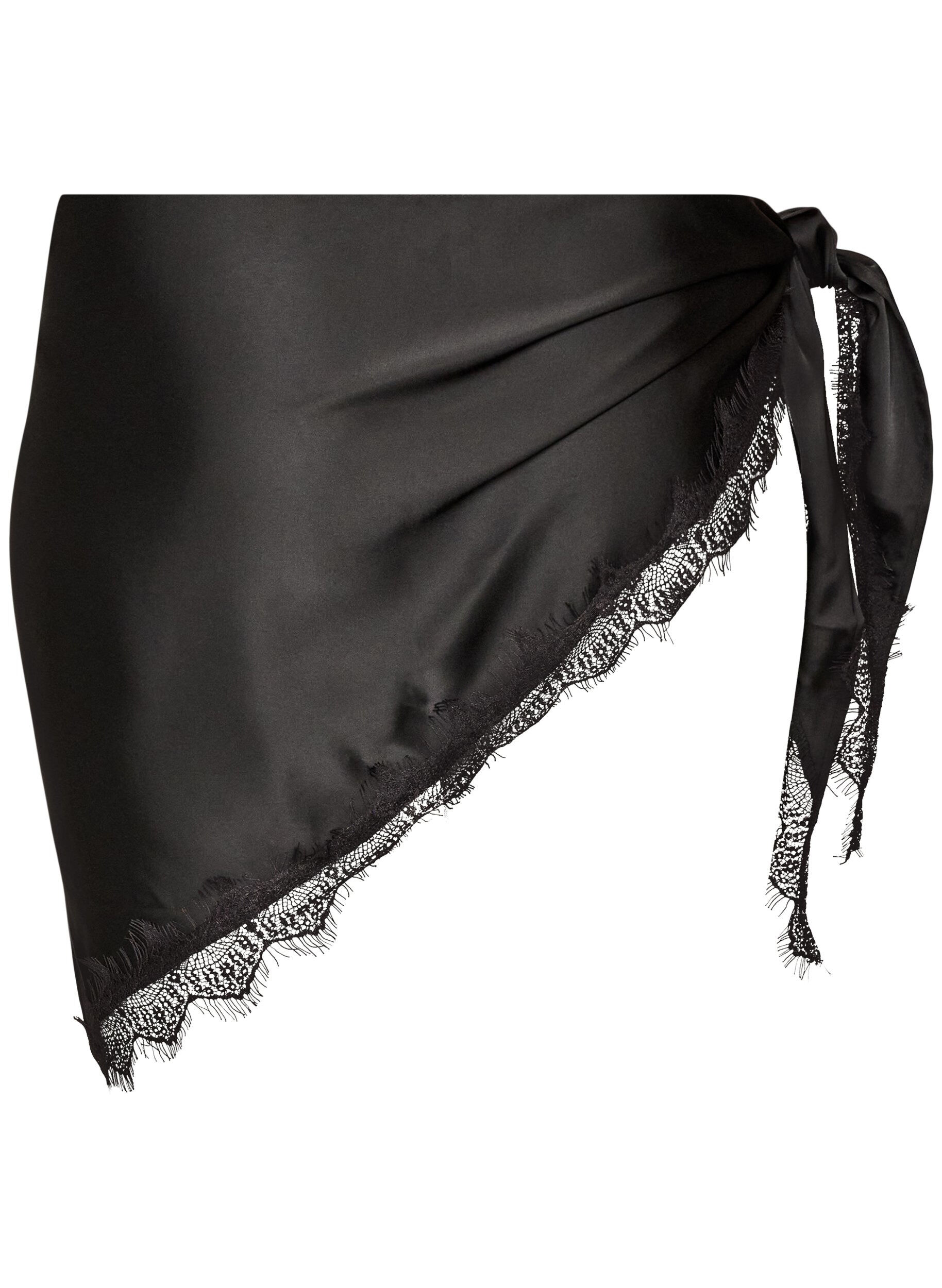 ZizzifashionSatin scarf with lace hem, Black, Packshot image number 1