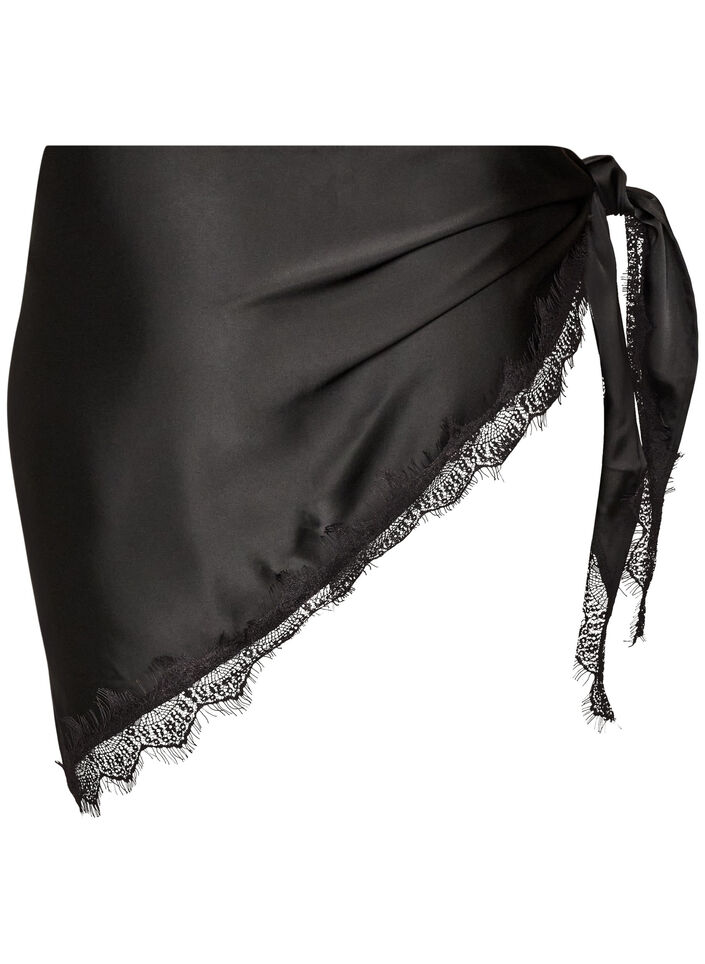 Satin scarf with lace hem, Black, Packshot image number 1