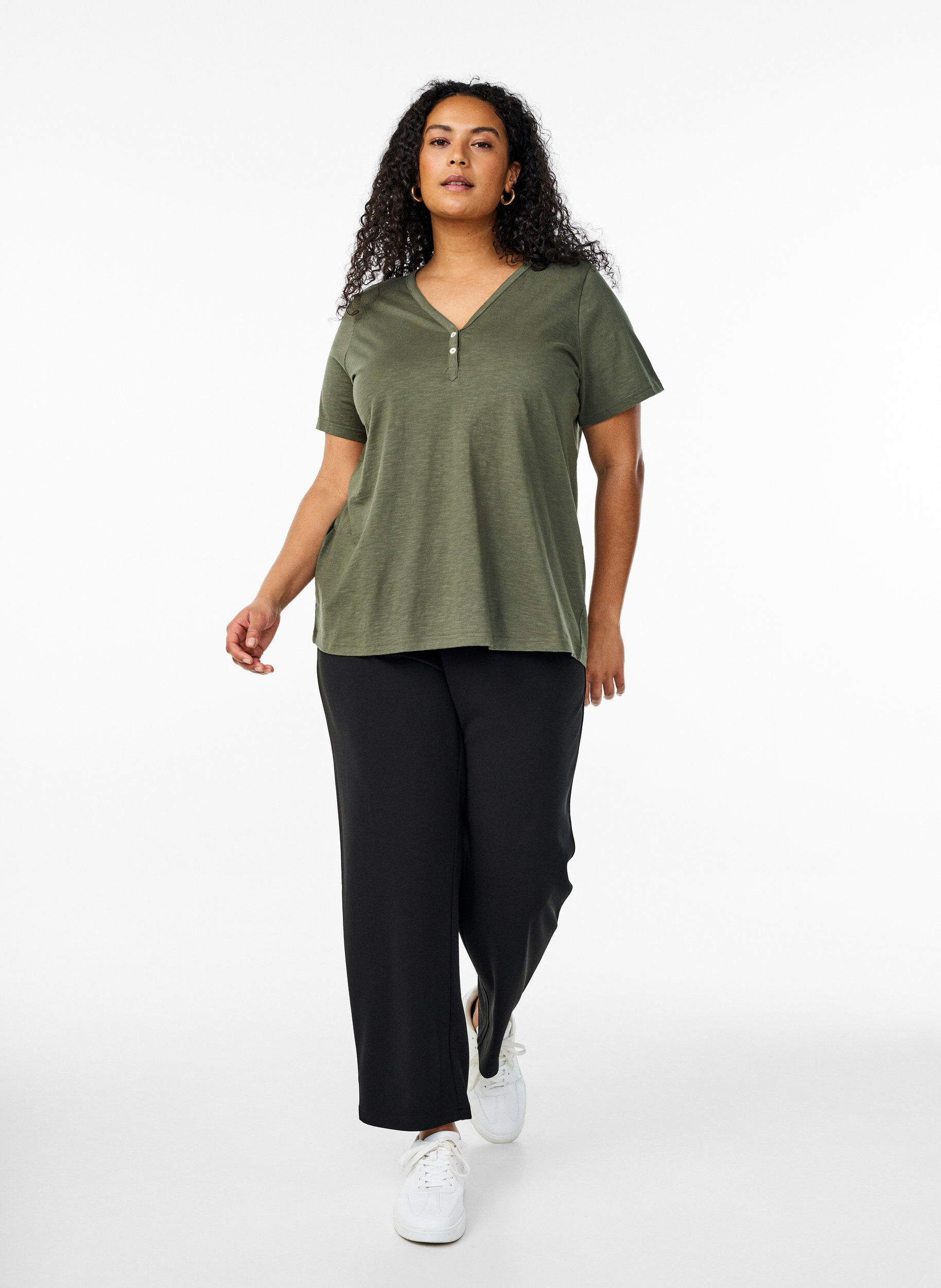 Zizzifashion FLASH - T-shirt with button detail, Green, Model image number 1