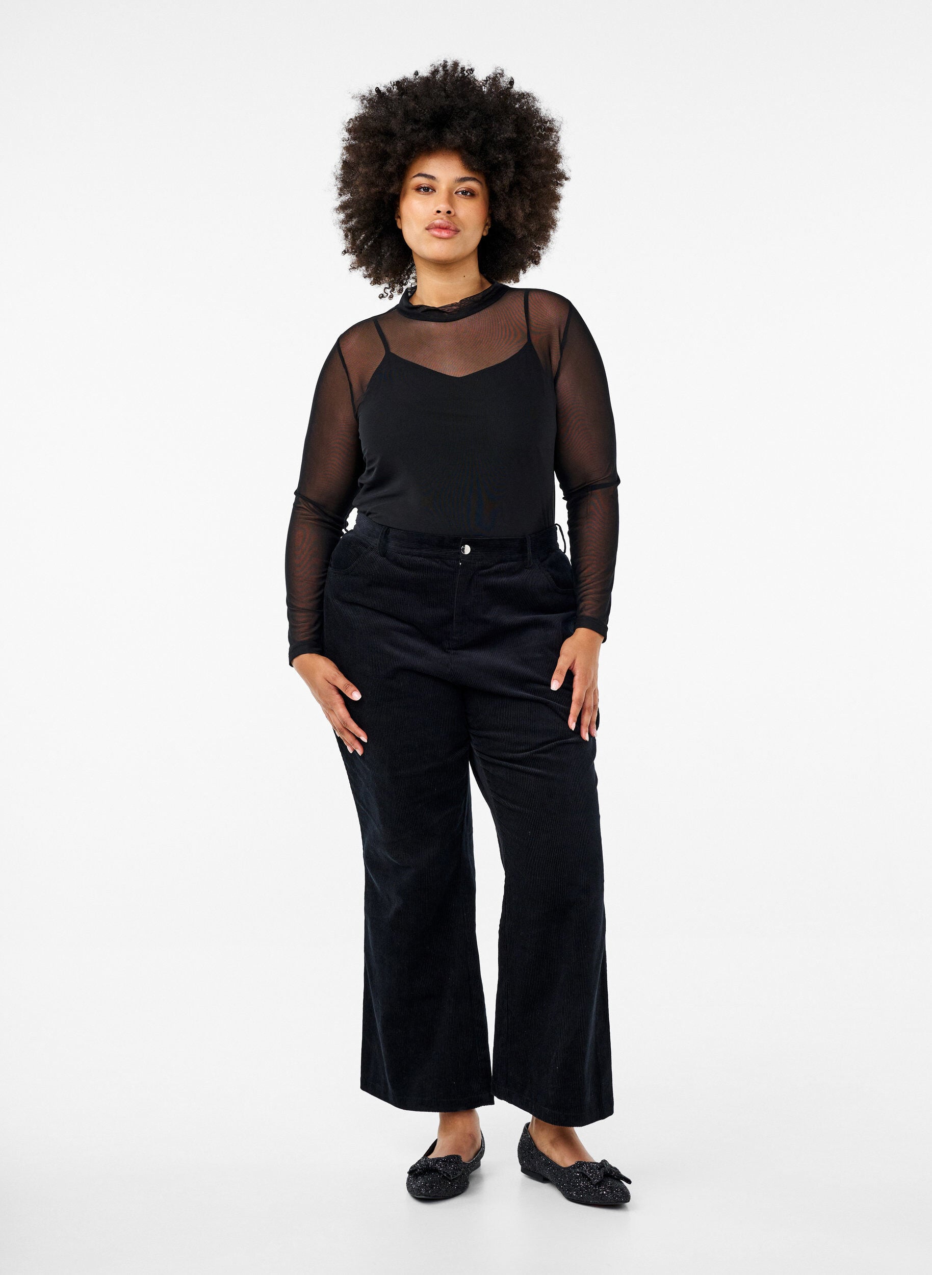 ZizzifashionFitted mesh blouse with long sleeves, Black, Model image number 1