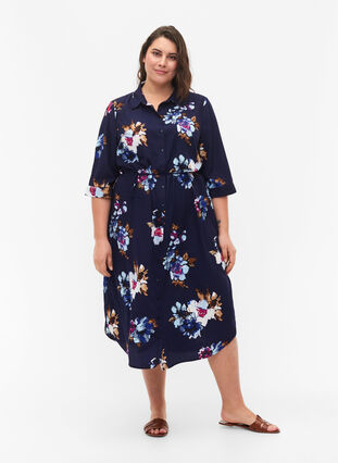 FLASH - Shirt dress with floral print, Big Blue Flower, Model image number 0
