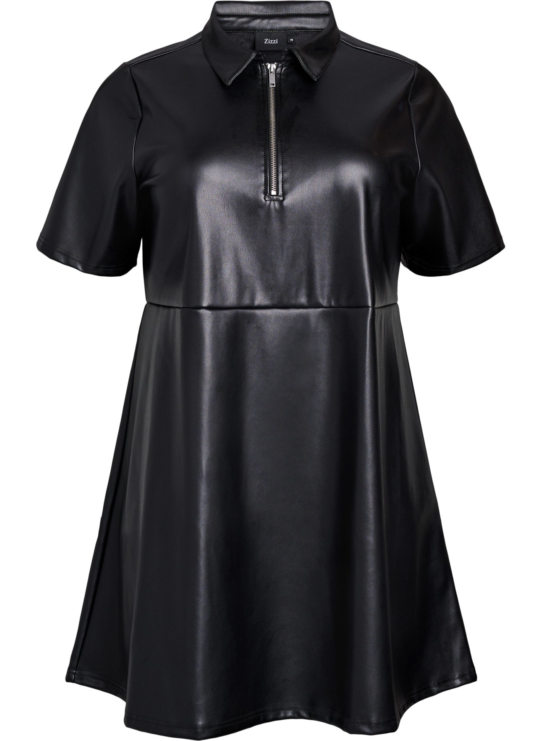 Short dress in faux leather with an A-line shape