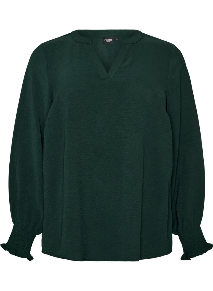Blouse with smock cuffs and V-neck, Green, Packshot image number 0
