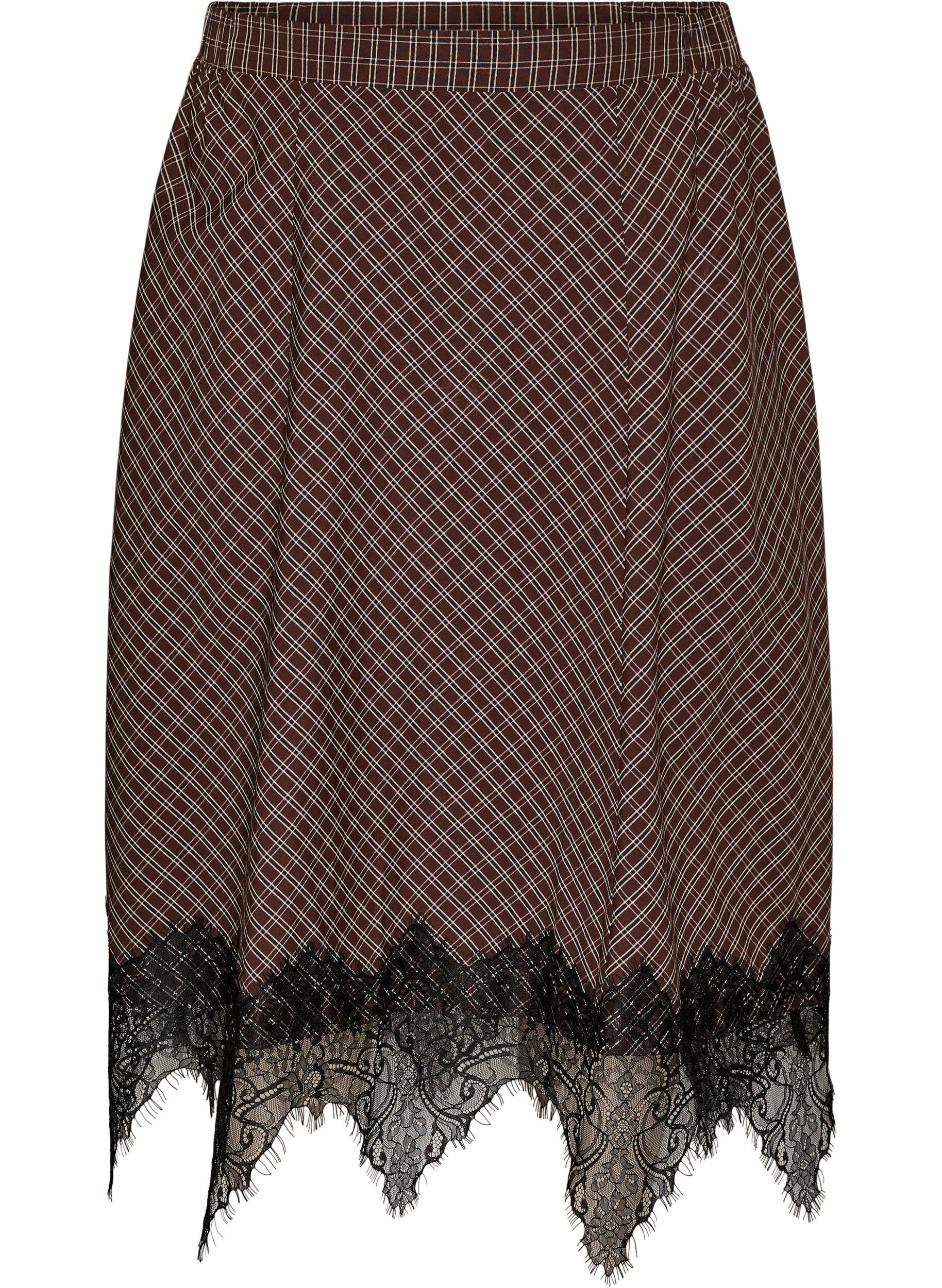 Midi skirt with lace trim and check pattern