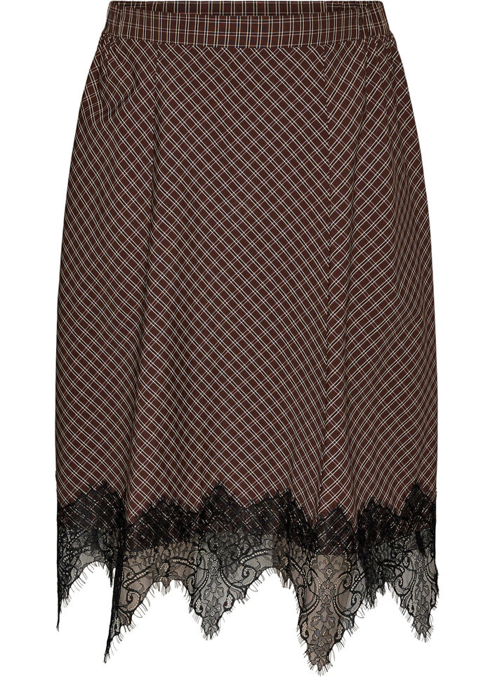 Midi skirt with lace trim and check pattern, Brown, Packshot