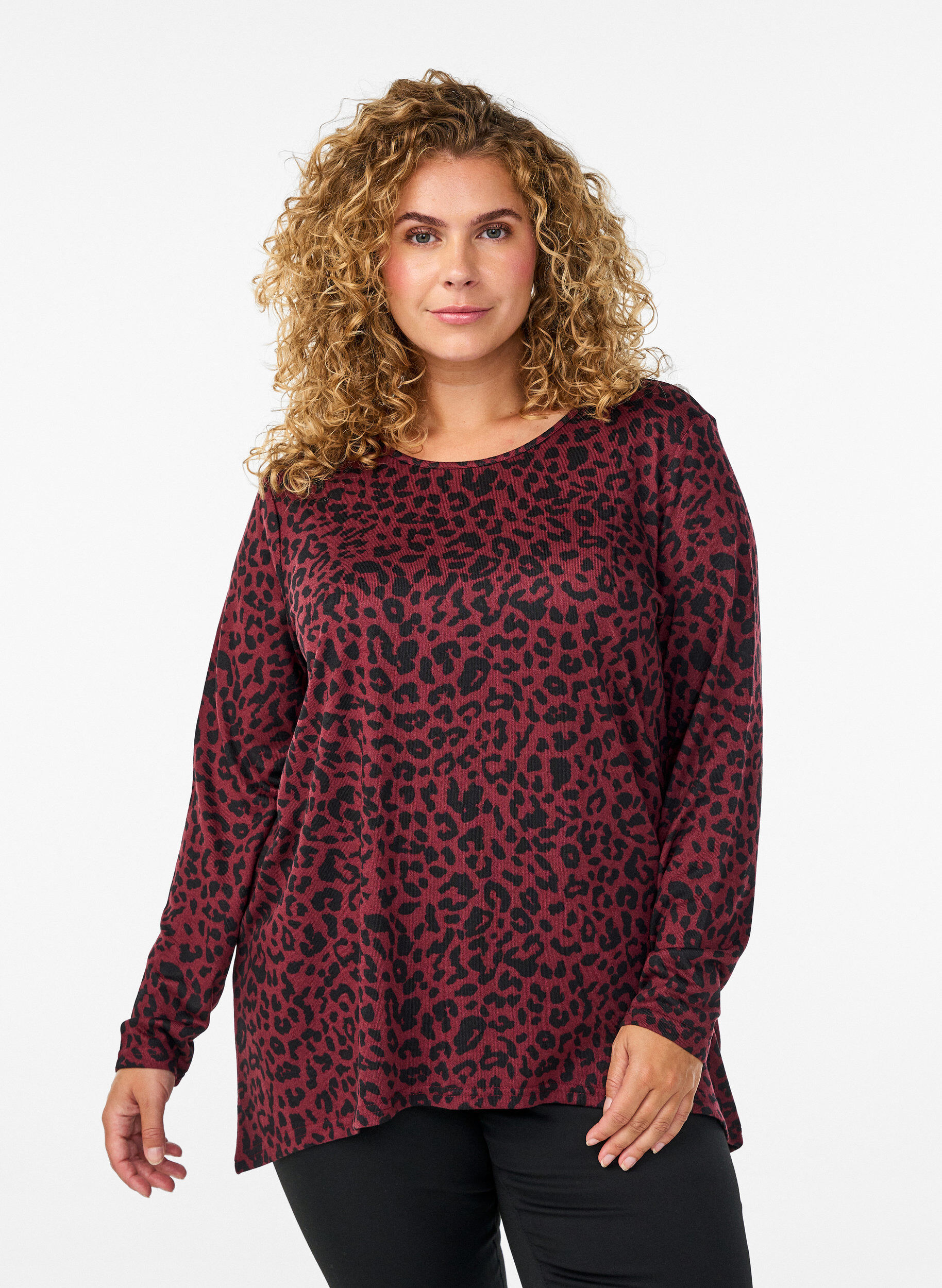 ZizzifashionLeopard print blouse with long sleeves, Dark Bordeaux, Model image number 0