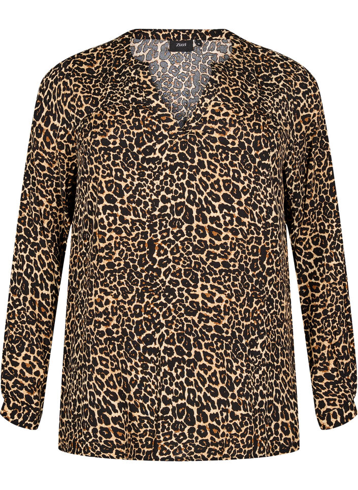 Long-sleeved blouse with leopard print and V-neck, Brown, Packshot image number 0