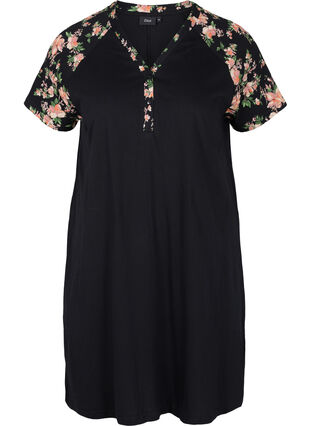 Short sleeve cotton nightdress with print details, Black Flower, Packshot image number 0