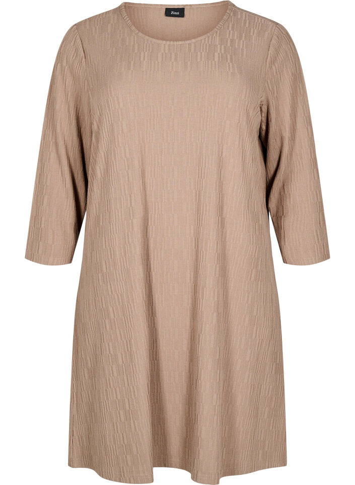 Dress with texture and 3/4 sleeves, Brown, Packshot image number 0
