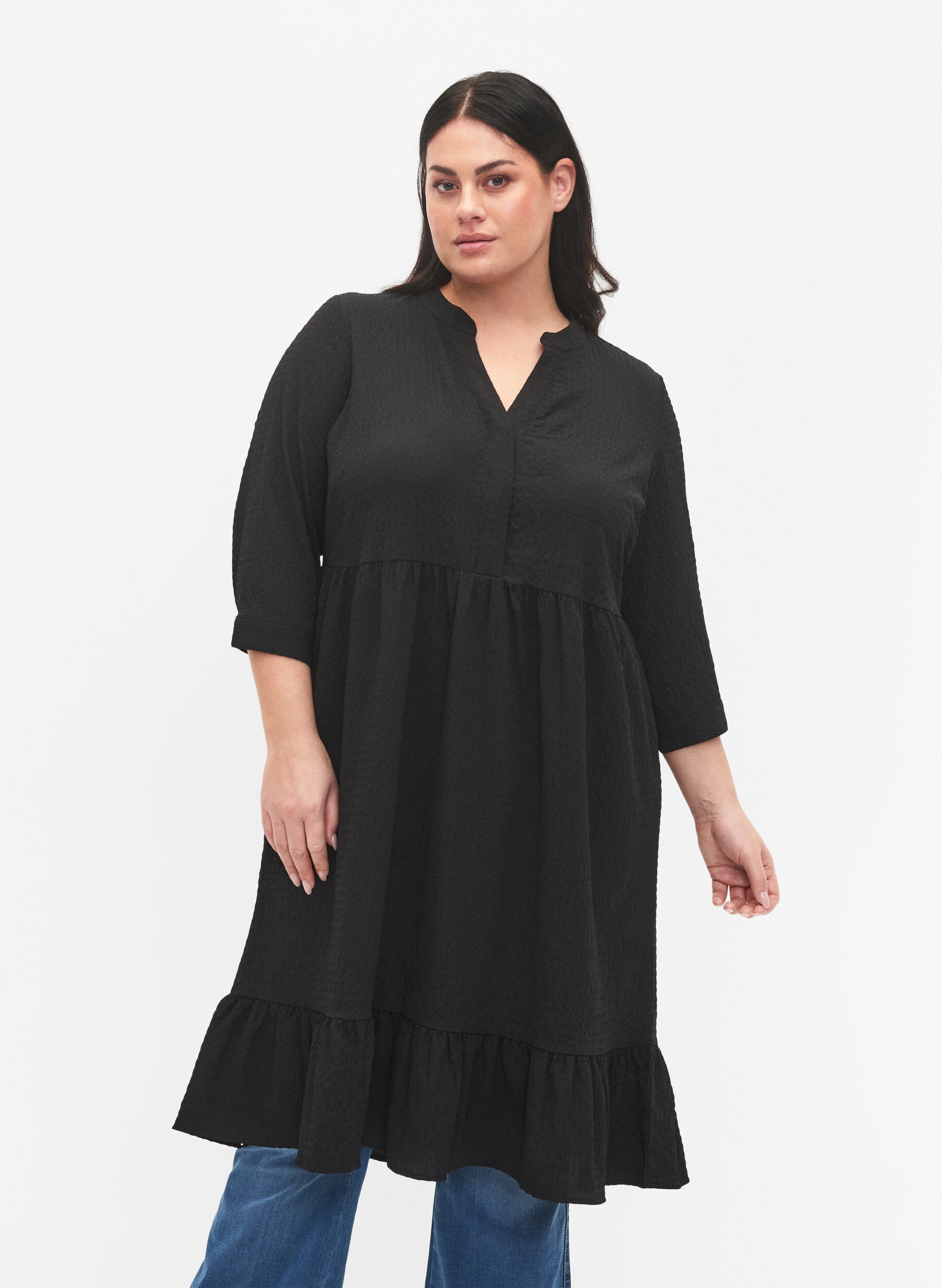 Zizzifashion  Plain midi dress with 3/4 sleeves, Black, Model image number 0