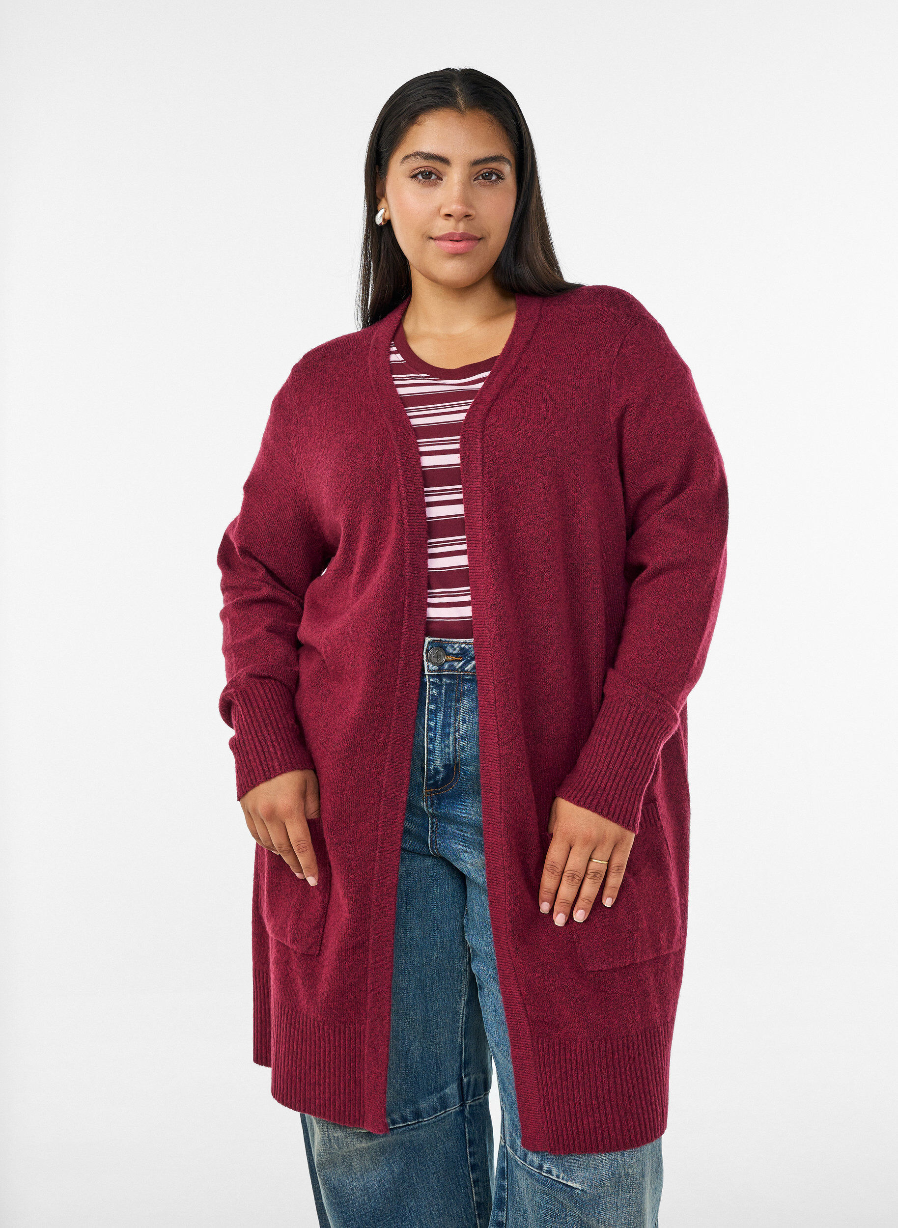 Ribbed Knit Cardigan with Pockets, Red, Model