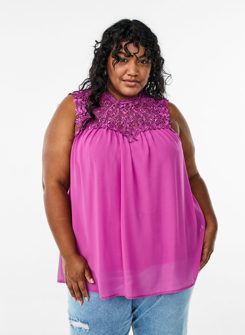 Sleeveless party top with crochet, Purple, Model image number 0