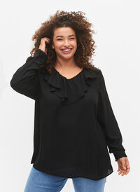 Long sleeve ruffle blouse, Black, Model