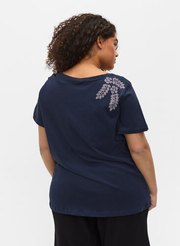 Short-sleeved cotton t-shirt with decorative rhinestones, Navy Blazer Stone, Model image number 1