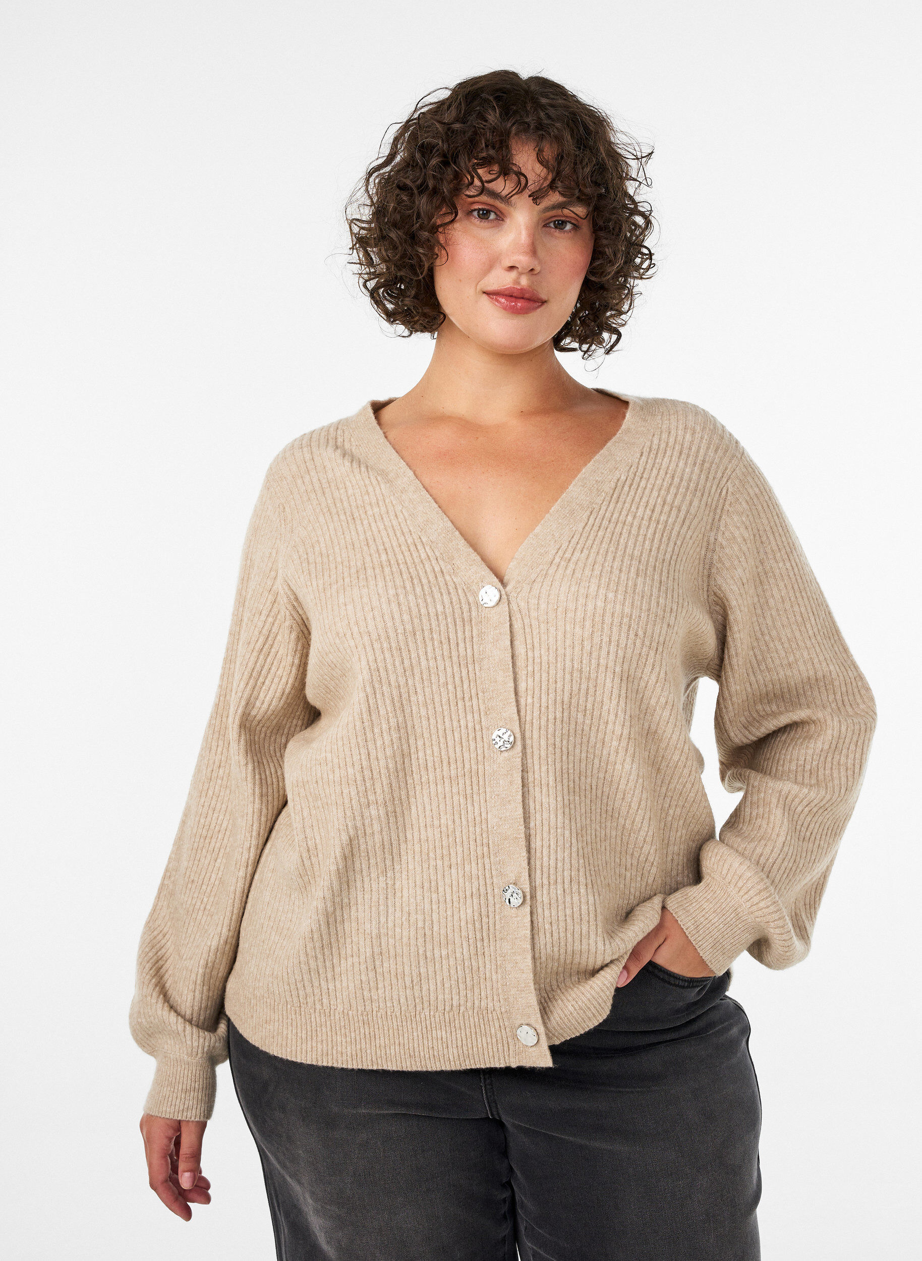 Cardigan with V-neck and ribbed texture, Beige, Model