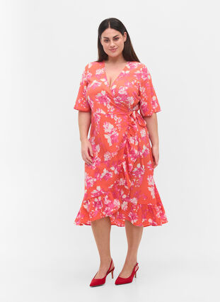 Printed short-sleeved wrap dress, Orange AOP, Model image number 2