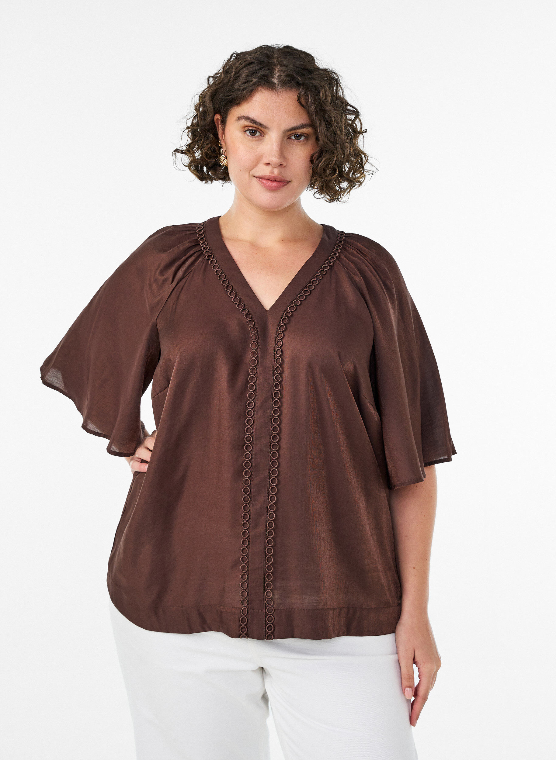 ZizzifashionViscose blouse with V-neck and decorative details, Brown, Model image number 0