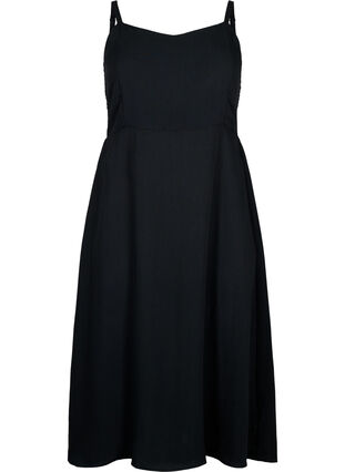 Plain coloured viscose strap dress with smock, Black, Packshot image number 0