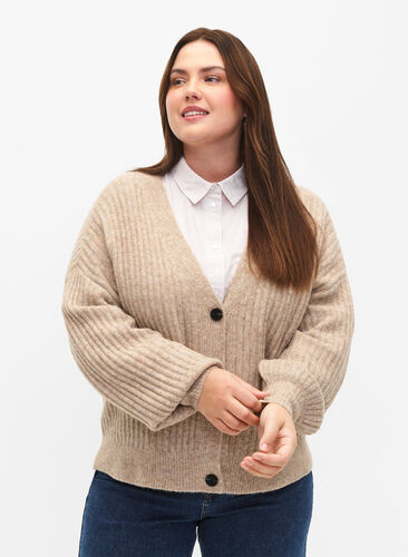 Melange cardigan in rib knit, Simply Taupe Mel., Model image number 0