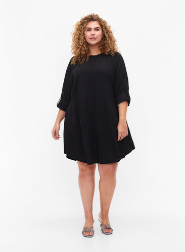 Long viscose shirt with striped structure, Black, Model image number 2