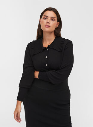Viscose blend knitted blouse with ruffle collar, Black, Model image number 0