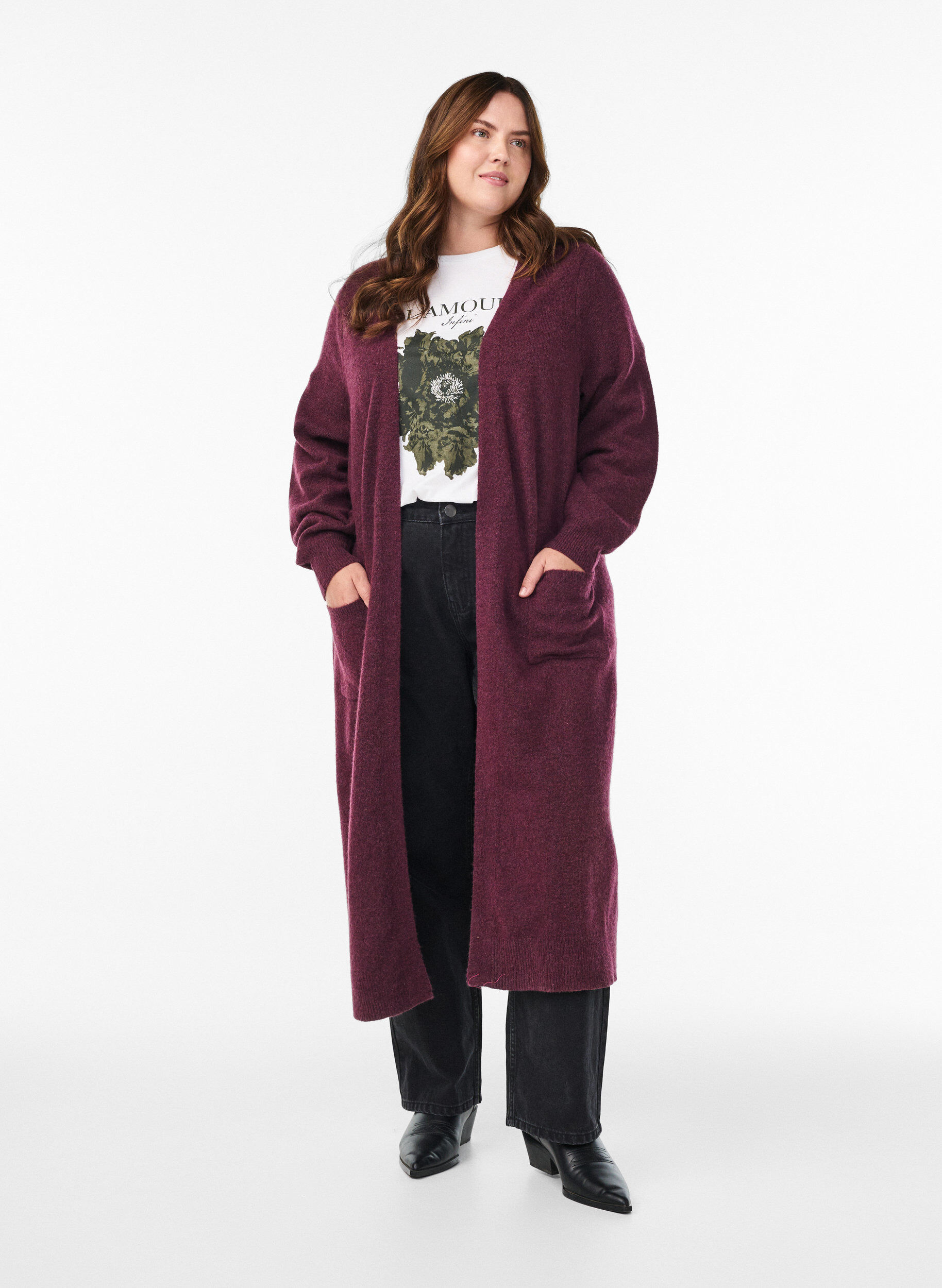 Long knit cardigan with pockets, Red, Model