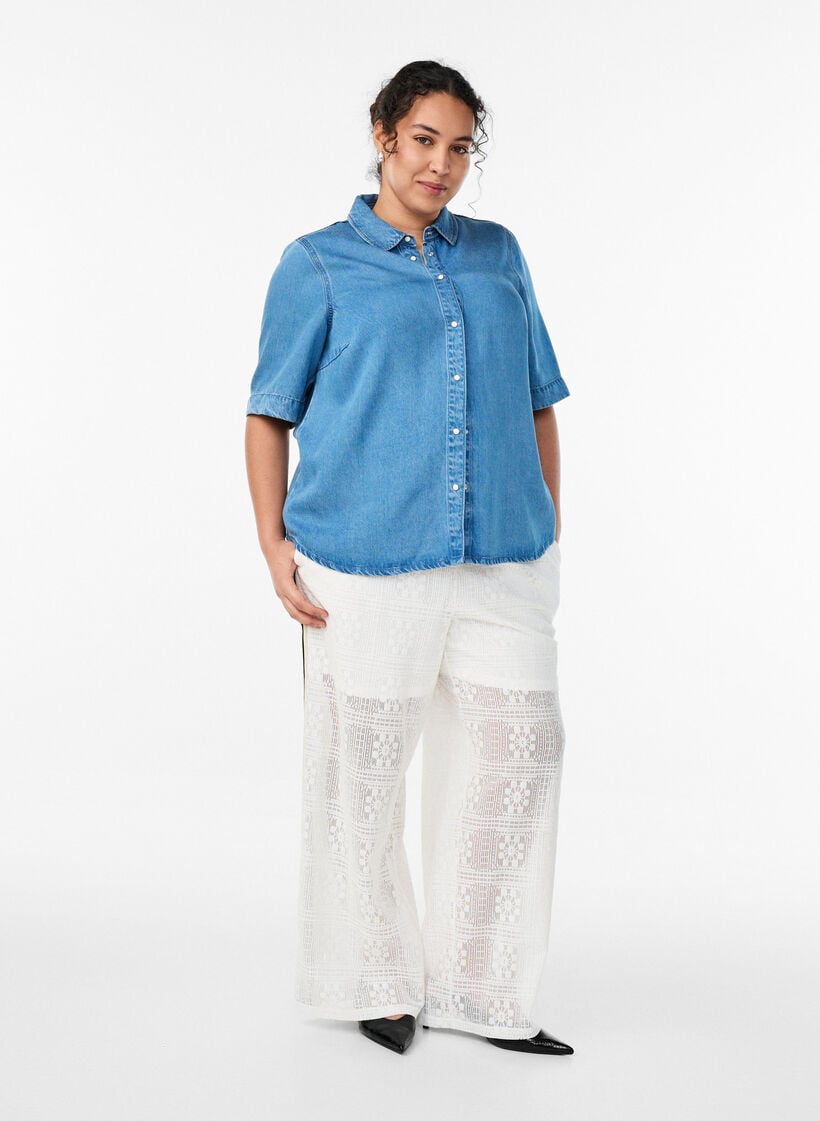 Wide-leg lace trousers with contrast stripes, White, Model image number 0