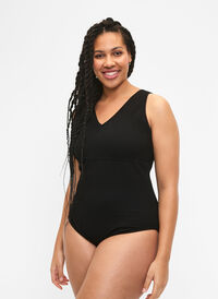 Swimsuit with crepe texture and wrap effect, Black, Model
