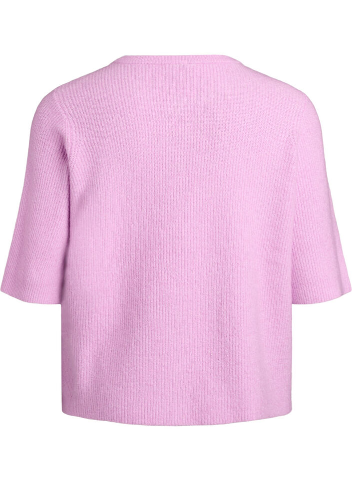 Short-sleeved knit cardigan with shiny ball buttons, Purple, Packshot image number 1
