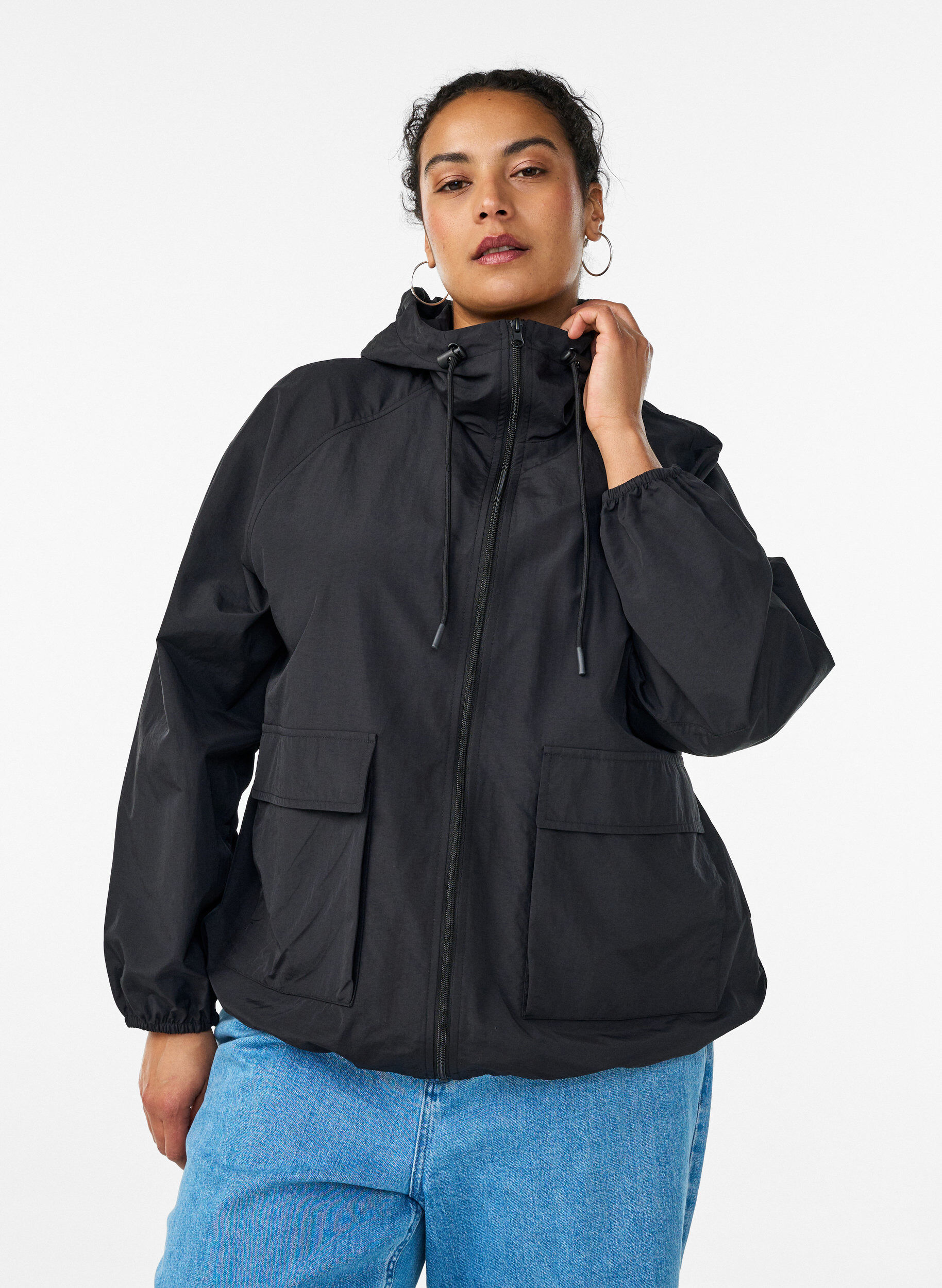 Lightweight hooded jacket with pockets, Black, Model
