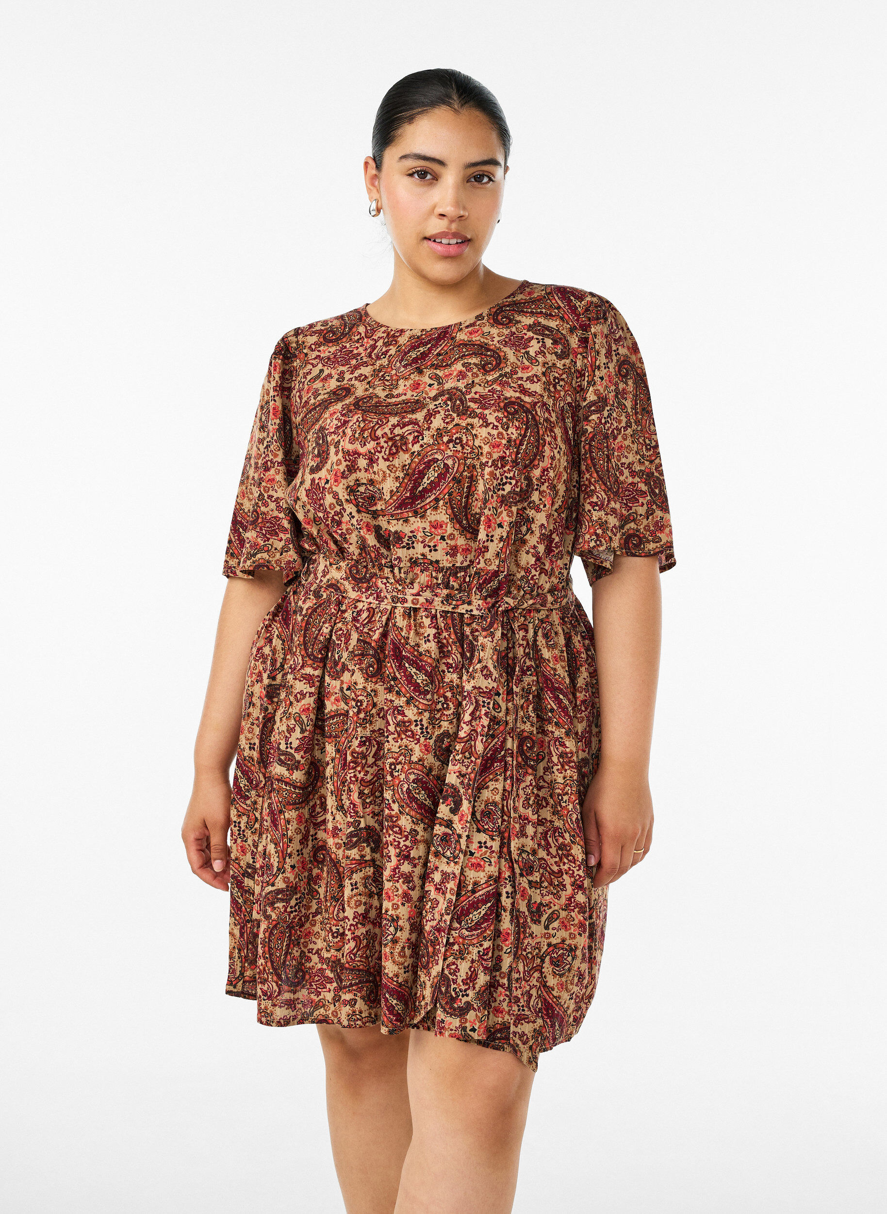 ZizzifashionDress with paisley print and tie-belt, Brown, Model image number 0