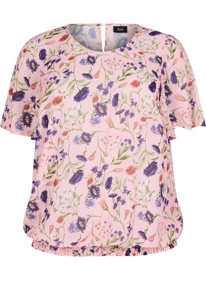 Floral blouse with short sleeves and smock, Rose, Packshot image number 0