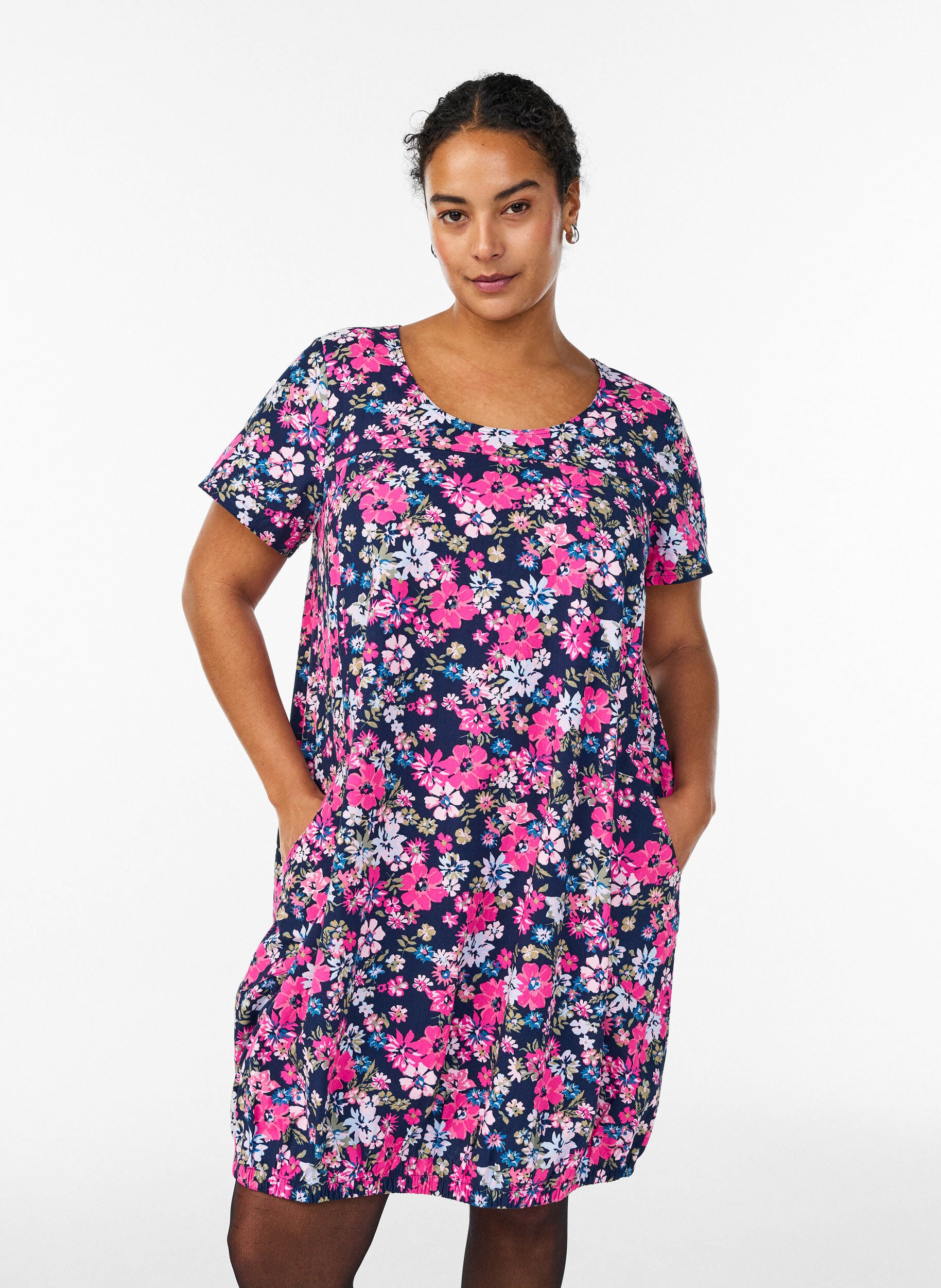 ZizzifashionShort-sleeved cotton dress with print, Blue, Model image number 0