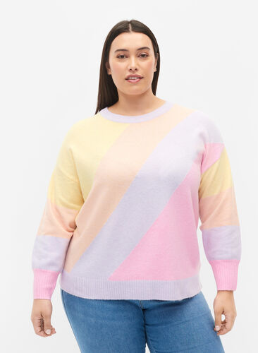 Knitted jumper with stripes and round neckline, Pale Banana Mel.Com, Model image number 0