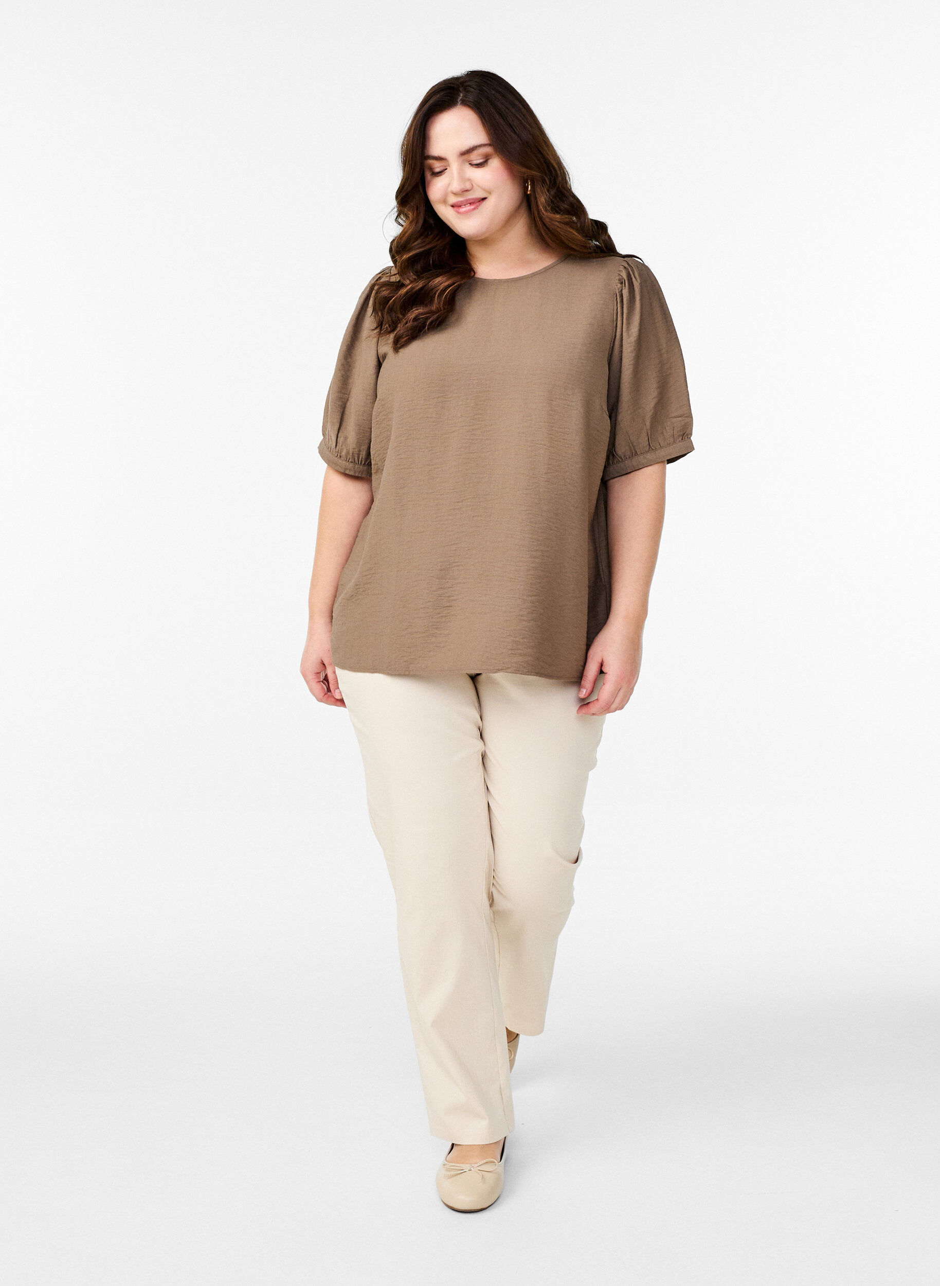 Zizzifashion Viscose blouse with 1/2 sleeves, Brown, Model image number 1