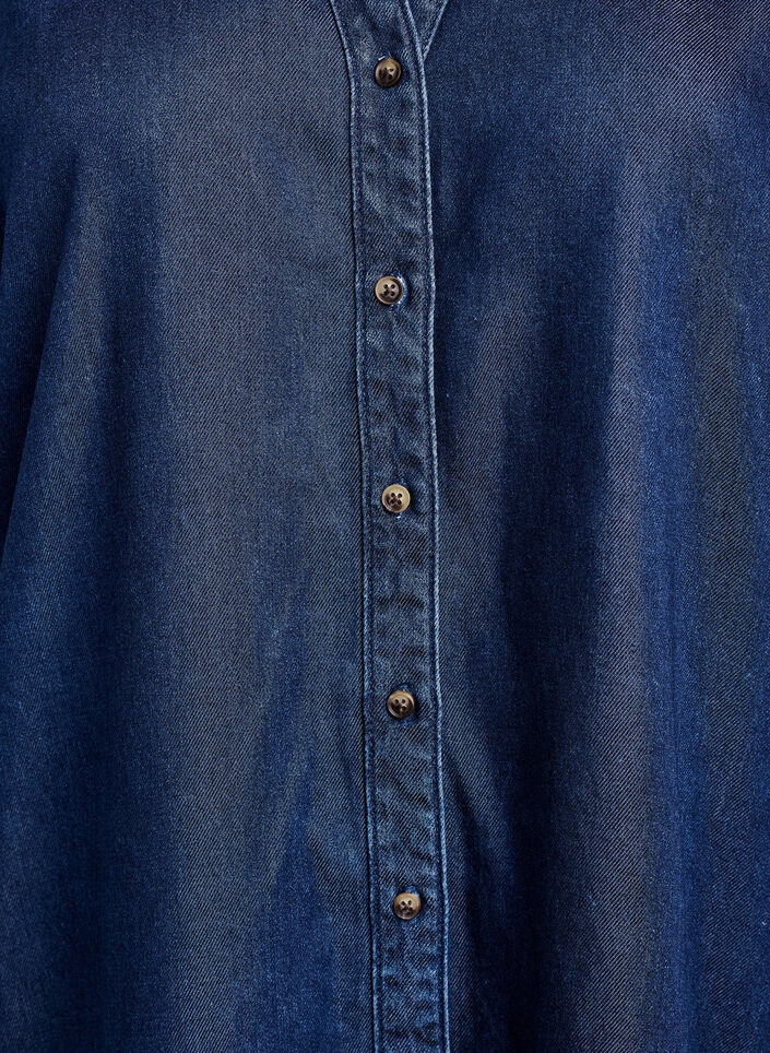 Denim-look dress with button fastening and ruffle sleeves, Blue, Packshot image number 2