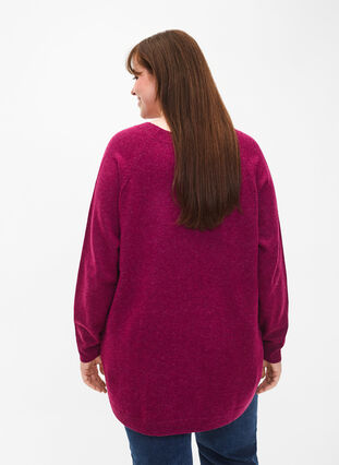 Knitted melange pullover with pearl buttons on the sides	, Raspberry Mel., Model image number 1