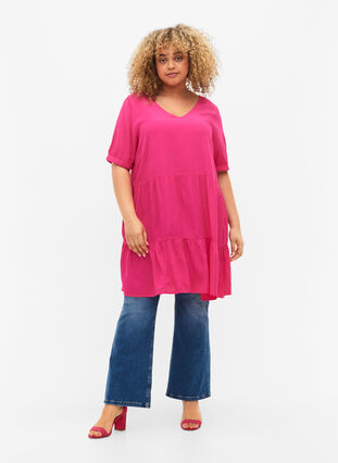 Single colored viscose tunic with short sleeves, Beetroot Purple, Model image number 2