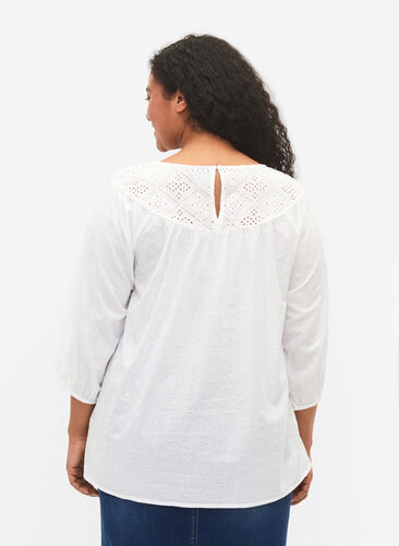 Blouse with embroidery anglaise and 3/4 sleeves, Bright White, Model image number 1