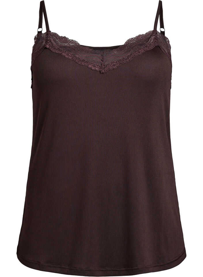 Ribbed jersey top with lace trim, Brown, Packshot image number 0