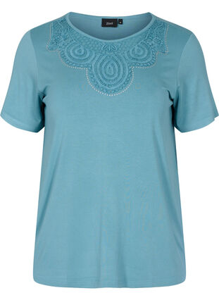 Short-sleeved viscose t-shirt with lace details, Smoke Blue, Packshot image number 0