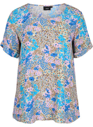 Short-sleeved viscose blouse with floral print, Blue Rose Flower, Packshot image number 0