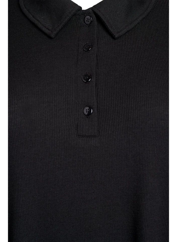 Long-sleeved polo in stretchy ribbed quality, Black, Packshot image number 2
